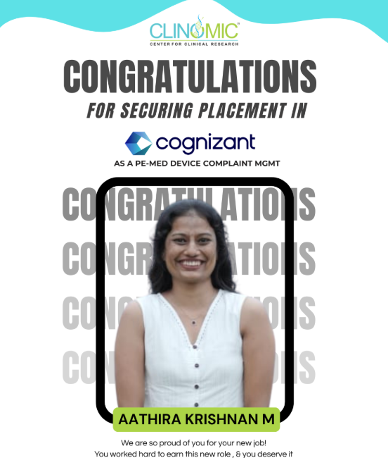 Aathira Krishnan M placed as PE-Med Device Complaint Mgmt at Cognizant